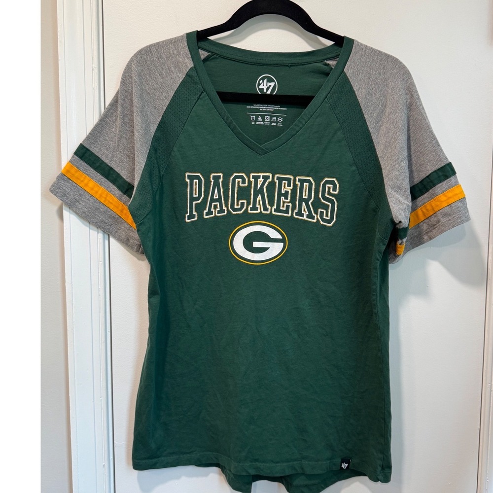 47 Brand Green Bay Packers Womens V-Neck Raglan T-Shirt Green Grey Large NFL